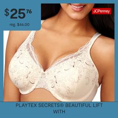 Sexy and supportive, this embroidered underwire bra by Playtex proves you really can have it all.Moderate Cup Coverage For Subtle CleavageGorgeous EmbroideryNo-slip Straps Stay On Your ShouldersManufacturer's Style #4513Bra Type: Underwire, Full CoverageFeatures: Stretch Fabric, Adjustable StrapsClosure Type: Hook & Eye, Back ClosureSupport: Medium SupportFiber Content: 100% NylonFabric Description: MicrofiberCup Fiber Content: 100% PolyesterCare: Line DryMaterial: MicrofiberCountry of Origin: … Coverage Bras, Full Coverage Bra, Hook Eye, Full Figured, Underwire Bra, Stretch Fabric, The Secret, Bra, Embroidery