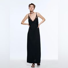 *Brand New* Spaghetti Strap Maxi Slip Dress With Lace V-Neck On Front And Back. Dress Pulls In, No Zipper. Size: L Measurements Taken While Laying Flat Bust: 19” Waist: 18” Hips: 20” Top To Bottom: 56” Chic V-neck Maxi Dress For Night, Black V-neck Slip Dress With Lace Trim, Chic Night Dress With Spaghetti Straps, Chic Summer Night Slip Dress, Black V-neck Maxi Dress For Night, Elegant Summer Maxi Dress For Night, V-neck Maxi Dress With Lace Trim For Night Out, Zara Black V-neck Slip Dress, V-neck Lace Trim Maxi Dress For Night Out