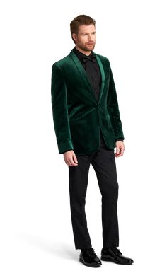 A slim emerald green tuxedo coat with one button and a shawl lapel. Emerald Green Tuxedo, Tuxedo Coat, Green Tuxedo, Tuxedo Suit, Seasons Of The Year, Green Velvet, Midnight Blue, Emerald Green, Brooklyn