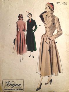 ~ Circa/Date:  1949 ~ Details: FLARED COAT by VOGUE COUTURIER DESIGN ~ Size/Measurements: 22 ~ Bust: 44″ ~ Waist: 37″ ~ Hip: 46″ (Inches) ~ Please Note: ~ You are buying a 'Professional Reproduced' copy of this sewing pattern. Copied from the original sewing pattern. Produced in Full Scale Pattern Pieces ready to cut with full instructions included. Reproduced on high quality 50 gm paper with black ink, durable and easier for reuse. Printed by a Professional Printing Company.   ~ With this product comes an accompanying 'Booklet' and inside the Booklet it includes: ~ A 2-page Instructions and Illustrations on 'How to Adjust Your pattern to your Personal Measurement.' ~ Personal Measurement Chart ~ Body Form Illustrations ~ Fitting Checklist ~ Metric Equivalency Chart ~ Note Pages ~ Fabric W Vintage Vogue Sewing Patterns, 1950s Sewing Patterns, Patron Vintage, Vogue Vintage, Coat Pattern Sewing, Vintage Dress Patterns, Vogue Sewing, Vintage Coats, Vogue Sewing Patterns