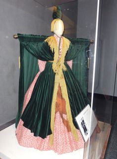 a green and pink dress on display in a glass case