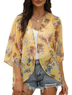 PRICES MAY VARY. High quality chiffon with silky-smooth touch, soft fashion style kimono cover up for women casual outfit, breathable and comfortable for beach wear, Casual lightweight outwear Chiffon Kimono Cardigan: floral print, boho style, short sleeve and open front for beach swim wear, flowy loose fit kimono cover up for casual outfit Perfect for throwing on over your tee shirt and cut off shorts, over a tunic and Leggings, or a skin tight little black dress, elegant women kimono for daily Casual Sheer Summer Cover-up, Spring Summer V-neck Cardigan, Chic Spring Layering Cover-up, Bohemian Chiffon V-neck Cover-up, Spring Flowy Wrap Cover-up, Chic V-neck Summer Kimono, Flowy V-neck Kimono For Day Out, V-neck Chiffon Beach Cover-up, Flowy V-neck Cardigan For The Beach