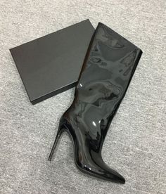 Material: Patent Leather Pattern: Solid Color Colors: Black, White, Red Toe Style: Pointed Toe Heel Style: Stiletto Heel Heel Height: 4.72 inches (12 cm) Style: Knee-High Boots Boot Shaft Height: 17.72 inches (45 cm) Top Shaft Circumference: 15.75 inches (40 cm) Bottom Shaft Circumference: 11.81 inches (30 cm) Closure Type: Side Zipper Popular Elements: Roman Style Chic Fitted Knee-high Boots With Snip Toe, Fitted Patent Leather Heeled Boots With Round Toe, Chic Fitted Snip Toe Knee-high Boots, Elegant Knee-high Boots For Night Out, Patent Leather High Heel Boots, Patent Leather High Heeled Boots, High Ankle Patent Leather Heels, Elegant Fitted Patent Leather Knee-high Boots, Sleek Heeled Boots With Pointed Toe For Party