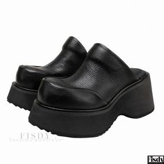 Fisdy - Classically-inspired Thick-Soled Leather Shoes: Vintage Retro Casual Platform Wedge Slides Pork Skin, Chunky Platform Sandals, Casual Wedges, Leather Footwear, Comfortable Wedges, Comfortable Slippers, Leather Platform Sandals, Heel Slippers, Black Wedge Sandals