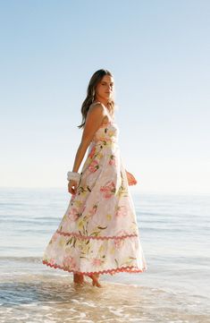 Rickrack trim brings a playful vibe to this flowy floral sundress rendered in a maxi silhouette with a smocked back panel for a perfect fit. Back zip closure Square neck Adjustable straps Lined 91% cotton, 9% linen Hand wash, dry flat Imported Floral Print Maxi Dress For Garden Party Vacation, Pink Maxi Dress With Smocked Back For Vacation, Maxi Sundress For Beach Daywear, Maxi Length Sundress For Beach Daywear, Spring Beachwear Maxi Dress For Brunch, Spring Summer Flowy Maxi Dress, Flowy Spring Maxi Dress For Summer, Flowy Spring Floral Dress With Smocked Back, Flowy Maxi Dress For Spring