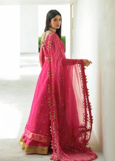 Rose pink net pashwas adorned with dabka, sequins & resham on the front and back neckline, bodice, sleeves, chan on the lower part of the pashwas and a jamawar border with gota edging. The ensemble is paired with an Indian rawsilk lehnga and a net dupatta with loop sets and booti chan. Astoria Ny, Net Dupatta, Raw Silk, Pink Roses, Bodice, Pink