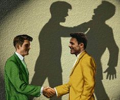 two men shaking hands in front of a wall with the shadow of one man's head