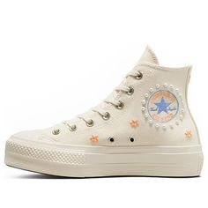 Shop (WMNS) Converse Chuck Taylor All Star Lift 'Cream' A05972C at KICKS CREW — your go-to for authentic, stylish sneakers. Whether for fashion, performance, or collection, find your perfect pair with us. Embroidered Shoes Converse, Cute Converse Shoes, Cute Converse, Womens High Top Shoes, Chuck Taylor All Star Lift, Preppy Shoes, Pretty Shoes Sneakers, Embroidered Shoes, Cute Nike Shoes