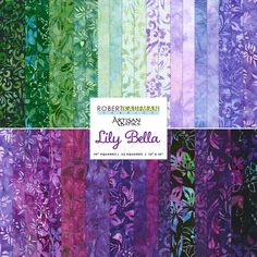 an assortment of purple and green fabrics with flowers on them, all in different colors