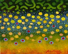 an abstract painting with yellow and blue circles