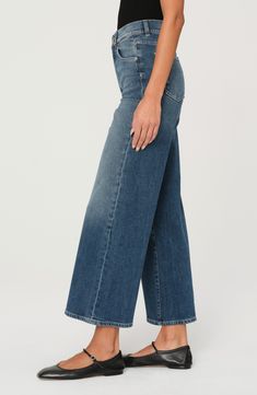 Made from low-stretch denim with vintage-inspired character, these medium-wash jeans are fitted through the waist and wide through the ankle-length legs. 27" inseam; 21 1/2" leg opening; 11 1/2" front rise Zip fly with button closure Five-pocket style 99% cotton, 1% Lycra® spandex Machine wash, dry flat Imported Denim Blue Washed Cropped Flare Jeans, Washed Denim Blue Cropped Flare Jeans, High Rise Washed Cropped Jeans In Denim Blue, High Waist Medium Wash Cropped Jeans With Five Pockets, Faded Relaxed Fit Cropped Jeans, Faded Cropped Bottoms With Five Pockets, Mid-rise Washed Blue Cropped Jeans, Faded Relaxed Fit Mid-rise Cropped Jeans, Dark Wash Cropped Leg Flare Jeans