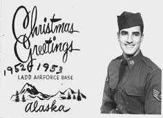 a black and white photo of a man in uniform with the words christmas greetings above him