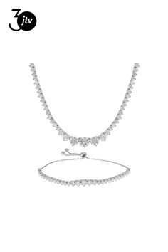 Bella Luce �� white diamond simulant 25.98ctw round, rhodium over sterling silver necklace and bracelet set. The necklace measures approximately 13"-28"L x 1/4"W and has a sliding adjustable closure. The bracelet measures approximately 5"-10"L x 3/16"W and has a sliding adjustable closure. The diamond equivalent weight is 16.51ctw. Classic White Gold Crystal Jewelry, Classic Adjustable Brilliant Cut Jewelry, Adjustable Diamond Necklace For Anniversary, Classic Crystal Jewelry With Diamond Accents, Adjustable Diamond Necklaces For Anniversary, Classic Adjustable Cubic Zirconia Necklace, Adjustable Classic Cubic Zirconia Necklace, Classic Adjustable Cubic Zirconia Necklaces, Classic Crystal Jewelry With Prong Setting