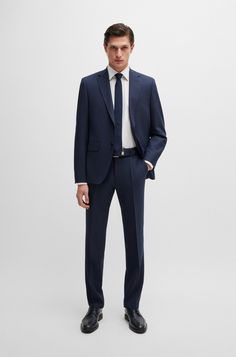 BOSS - Regular-fit suit in micro-patterned stretch fabric Suits Men Interview, Basic Suits For Men, Mens Black Tie Wedding Guest, Dark Navy Blue Groom Suit, Business Professional Outfits Men Suits, Men’s Navy Suit, Asian Men Suit, Work Suits Men, Corporate Outfits Men