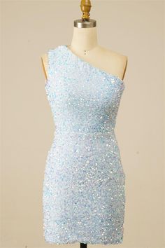 Joyofdress this light blue homecoming dress flaunts a one-shoulder neckline featuring spaghetti straps that lace up at the back, and a sheath silhouette bedecked with sequins.    Color: Light Blue.  Fabric: Sequins. Shell: 100% Polyester Length: Short Length  Back: Lace-Up. Fully lined. Built-in bra Hand Wash Cold. Do Not Bleach. Line Dry. Iron Low Heat. Light Blue Homecoming Dresses, Light Blue Homecoming Dress, Homecoming 2023, Senior Hoco, Sparkly Dresses, Formal Ideas, Taylor Swif, Winter Ball, Sequin Homecoming Dress