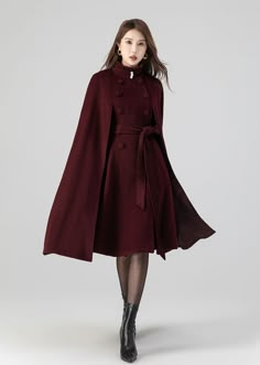 Burgundy Swing Cloak Coat, Winter Wool Cape Coat Women, Long Wool Cape With Stand Collar, Fall Cape Coat, Plus Size Wool Cape, Xiaolizi 4518 - Etsy Japan Cloak With Fur Collar, Winter Fitted Capelet, Elegant Fitted Winter Capelet, Elegant Winter Capelet With Cape Sleeves, Elegant Fall Outerwear With Cape Sleeves, Fitted Winter Outerwear With Cape Sleeves, Elegant Fall Cape With Buttons, Formal Winter Outerwear With Cape Sleeves, Elegant Red Cape For Fall