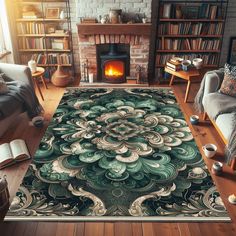 a living room with a fireplace, couch and rug in the shape of a flower