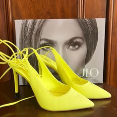 Jlo Citron Florella Tie Up Pumps. Color : Neon Green / Yellow | Size : Us -8.5 Yellow Heels With 4-inch Heel For Spring, Spring Yellow Heels With 4-inch Heel, Yellow High Heel Spring Shoes, Yellow High Heel Shoes For Spring, Yellow Lace-up Heels For Summer, Trendy Yellow Lace-up Heels, Fitted Yellow Heels With Wrapped Heel, Yellow Pointed Toe Synthetic Heels, Neon Yellow Pointed Toe Heels For Party