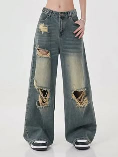 Tween Girls Loose Straight Leg Ripped Jeans, Vintage American Style Washed Denim Pants Blue    Denim  Straight Leg,Wide Leg Non-Stretch All Tween Girls Clothing, size features are:Bust: ,Length: ,Sleeve Length: Girls Ripped Jeans, Yellow Sneakers, Distressed Denim Jeans, Plus Size Jeans, Long Pants, Straight Leg Pants, Ripped Jeans, Denim Wash, Distressed Denim