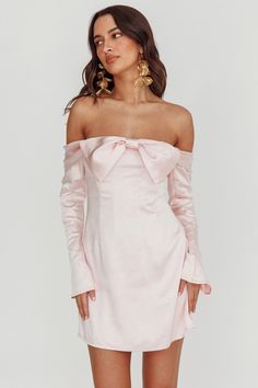 Lilith Off Shoulder Bow Mini Dress Blush by Selfie Leslie Pink Mini Dress Graduation, Pink Christmas Party Dress, Long Sleeve Dresses Birthday, Formal Dress With Fur Coat, Light Pink Silk Dress Short, Light Pink Long Sleeve Dress, Coquette Hoco Dress, Hoco Dress Long Sleeve, Winter Pink Dress