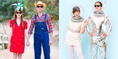 three models in overalls and hats on the left, one is wearing an alien costume