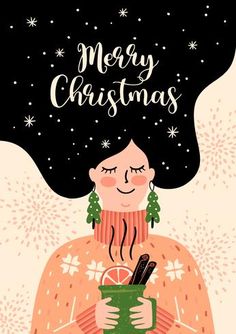 a woman with long hair holding a green cup in her hands and the words merry christmas written