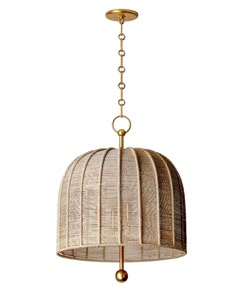 a light fixture hanging from the ceiling with a beige fabric covering on it's side