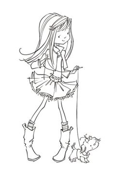 a drawing of a girl with boots and a dog on a leash, standing next to her