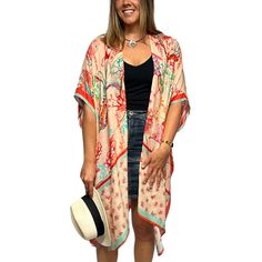 There's no such thing as owning too many kimonos. Add to your collection with these super soft essentials featuring an extra lengthy fit. Perfect for endless occasions: beach cover up, vacation layer, brunch, parties, daily wear, dress up shorts, after yoga, and more! Endless patterns to choose from make it difficult to just pick one. But your wardrobe will thank you for adding more to your collection. Size: One size fit most 38" wide by 37" long Material: 100% Viscose Machine wash. Tumble dry l One Size Long Cover-up For Day Out, Lightweight Open Front Casual Cover-up, Printed Kimono Beach Cover-up For Beach Season, Casual Spring Cover-up With Kimono Sleeves, Casual Long Printed Cover-up, Vacation Beach Cover-up Kimono With Kimono Sleeves, Long Summer Cover-up With Relaxed Fit, Boho Print Cover-up With Kimono Sleeves For Beach Season, Casual Flowy Cover-up With Kimono Sleeves