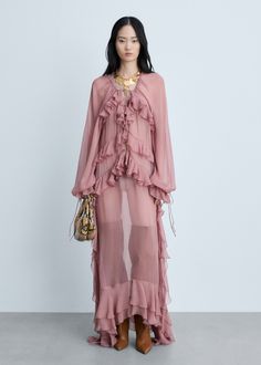 Semitransparent chiffon dress with ruffles - Women | MANGO USA Ruffle Design, Style Muse, Dress With Ruffles, Fall Capsule Wardrobe, Pink Maxi, Gauze Fabric, Dress Shapes, Pink Maxi Dress, Sheer Fabric