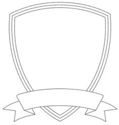 a black and white drawing of a shield with a ribbon around it on a white background