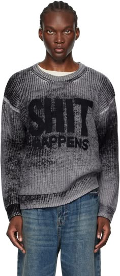 Rib knit merino wool sweater. Reverse printing effect throughout. · Crewneck · Needle-punched text appliqués at chest · Dropped shoulders Supplier color: Distressed black Neoprene Fashion, Y2k Boys, Aaa Tattoo, Clothes Design Ideas, Clothes Details, Boyfriend Sweater, Distressed Sweaters, The Black Label, School Outfit Ideas