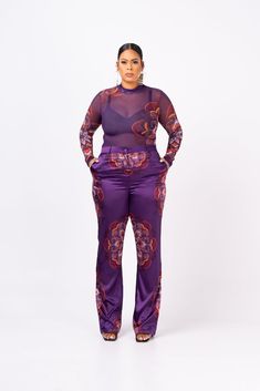 Printed silk pants 95% polyester  5% spandex Hand wash Model is 5 8" wearing size S High waisted Elastic waist Unlined Side pockets 47.5 inches long (inseam 35 inches ) -Based on size S African Inspired Clothing, Mesh Long Sleeve Top, Chiffon Wrap, Infinity Dress, High Waist Pants, Ankara Fabric, Silk Pants, Mesh Long Sleeve, Printed Silk