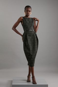 Feel Confident In Our Midi Dress, With A Structured Design, As Well As A Belted Waist For A Cinched Silhouette, And Low Back. Style It With Block Heels Or Strappy Stilettos For An Evening Look That Makes A Subtle Statement. Jacquard Belted Pencil Tailored Midi Dress Unique, Structured Silhouette Subtle, Monochromatic Jacquard Fabric High Neckline Striking, Backless Design Belted Waist Feature Zip Back Fastening Jacquard Midi Dress, Jacquard Fabric Dress, Petite Work Outfits, Petite Wedding Guest Dresses, Latest Maxi Dresses, Maxi Dress Collection, Dress With Jean Jacket, Tall Dresses, Structured Design