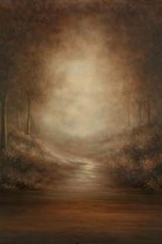 an oil painting of a path in the woods with light coming from it's end