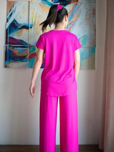 Very soft, high-quality two-piece set, including a tank top and wide-leg pants. A perfect, comfortable combination as home wear, loungewear, daywear, can be worn together or separate. Loose fit tank top and elastic waist bottom with side pockets. Can be made in sizes up to 3XL, and in many colors. Pink Casual Sets For Relaxation, Casual Pink Sets For Relaxation, Relaxed Fit Viscose Sleepwear For Loungewear, Casual Viscose Sleepwear For Loungewear, Relaxed Fit Short Sleeve Pant Set For Loungewear, Casual Tops Matching Set For Pajama Party, Casual Matching Set Tops For Pajama Party, Pink Wide Leg Sleepwear For Loungewear, Casual Relaxed Fit Pant Set For Loungewear