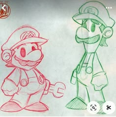 two different colored pencil drawings of mario and luigi