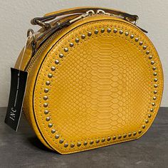 Inc Brand Zippered Alligator Leather Round Box Purse With Silver Studs On The Front, Pocket Inside, Can Be Worn With Or Without Long Adjustable Strap Chic Yellow Clutch For Everyday Use, Chic Yellow Clutch For Daily Use, Trendy Portable Yellow Bags, Chic Yellow Clutch Shoulder Bag, Yellow Crossbody Bag As Fashion Accessory, Trendy Yellow Clutch Shoulder Bag, Yellow Satchel Bags, Chic Yellow Clutch Bag, Yellow Clutch Shoulder Bag For Shopping