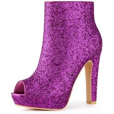 These glitter boots have a peep toe, a chunky heel, and a zipper closure. The shining glitter upper part gives these boots a fashion feel, and the heels are perfect for a night out on the town. The open design provides breezy comfort for your feet. With the moderate heel height, the heels make you feel more comfortable. Team them with your favorite dress and colorful accessories for a glamorous party look this season. Great for your mother, girlfriend, sister, or friend as a gift. Platform Open Toe Boots For Party, Party Open Toe Boots With Zipper Closure, Purple Heeled Boots For Fall Party, Glamorous Winter Platform Heels, High Heel Platform Boots With Zipper For Party, Party High Heel Platform Boots With Zipper Closure, Party Platform Boots With Zipper Closure And High Heel, Party Heeled Boots With Zipper Closure, Glitter Accents Heels