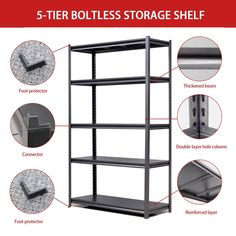 the 5 tier storage shelf is labeled with different types of shelves and parts to choose from