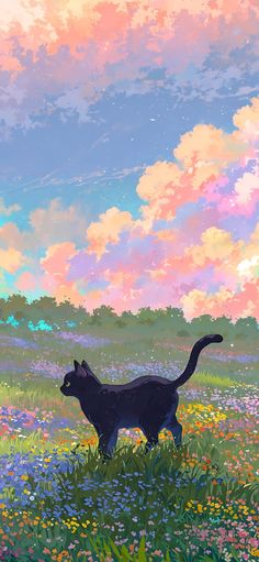 a painting of a black cat in a field with wildflowers under a cloudy sky