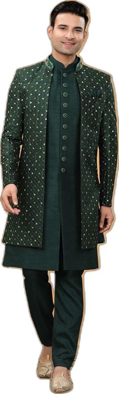 Designer Front Open Kurta With Cutdana, Festive Embroidered Pista Green Nehru Jacket, Traditional Green Nehru Jacket, Traditional Green Nehru Jacket Straight Kurta Style, Diwali Green Nehru Jacket With Resham Embroidery, Green Semi-stitched Bandhgala With Resham Embroidery, Green Nehru Jacket With Resham Embroidery For Diwali, Green Nehru Jacket With Resham Embroidery For Eid, Green Nehru Jacket With Zari Work