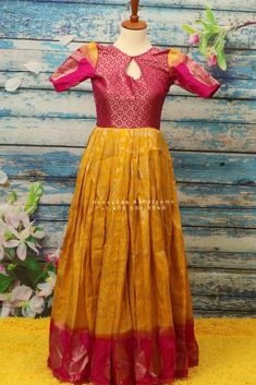 Kids gown,banaras kids dress, kids frock,Diwali dress kids,benaras fabric dress for kids,kids patty dress,kids pink yellow dress One Piece Dress From Old Saree, Long Frocks For Kids, Diwali Dress, Patty Dress, Indian Dresses For Kids, Simple Frock, Frock Pattern, Kids Frock, Saree Gowns