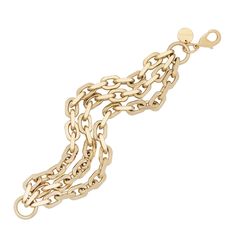 The Triple Layer Lennon bracelet is made from our thick brass link chain and fastened with a with lobster clasp. Material: Brass Plating available: 10K Gold or Rhodium-Silver Chain measures: 8.4mm wide Bracelet has a clear protective coating to prevent from quick wear and tarnishing. Each link: 13.1mm long & 2.2mm thick Clasp Measures: 19mm long Available in the following Lengths: 6", 7", 8", 9" Our jewelry is always handcrafted from sustainable materials in the USA.