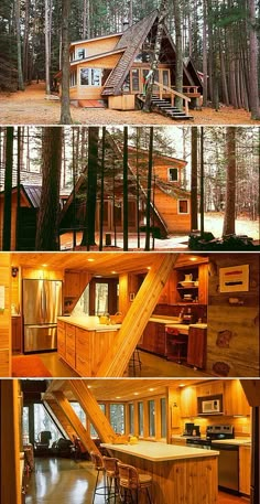 there are pictures of different houses in the woods