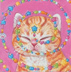 a painting of a cat with beads around it's face and eyes, on a pink background