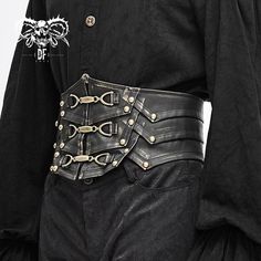 Metallic Bronze Steampunk Rock Men Leather Belts Goth Punk Outfits Men, Aesthetic Belts, Mens Corset, Steampunk Mens Fashion, Pirate Belt, Unique Belts, Rock Style Outfits, Rock Style Clothing, Black Pants Men