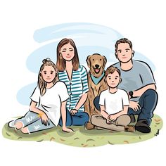 Custom-illustrated portrait of five. Custom Illustrated Family Portrait, Dog Portraits Art, Portrait Cartoon, Family Cartoon