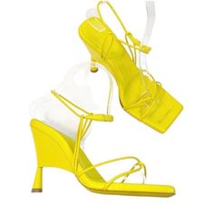 Store Sample/ New But Need To Be Cleaned Womens Size 39.5 Yellow Sandals With 4-inch Heel For Summer, Designer Sandals With 4-inch Heel For Spring, Summer Heels With 4-inch Square Toe, Summer Strappy Sandals With 4-inch Heel, Summer Open Heel Wedge Sandals With Reinforced Heel, Summer Wedge Sandals With Reinforced Open Heel, Summer Wedge Sandals With Open Heel And Reinforced Heel, Elegant Fitted Wedge Sandals For Summer, Formal Yellow Platform Sandals