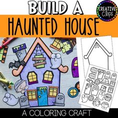 a coloring book with the title build a halloween house, and an image of a building